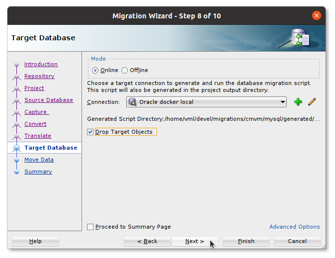 Select target database connection